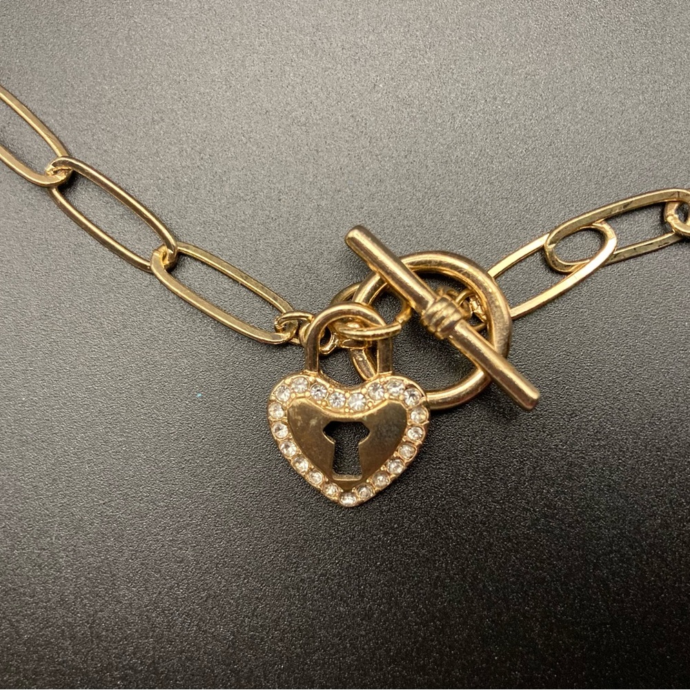 Gold Tone Chain Necklace with Rhinestones Heart Lock Toggle Charm